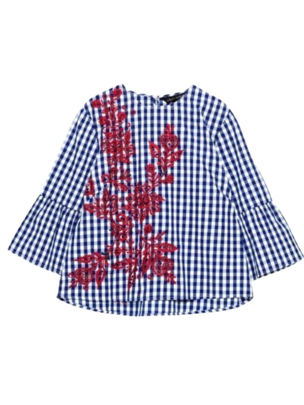 Zara Woman Floral Embroidered Gingham Check Bell Sleeve Size Medium
